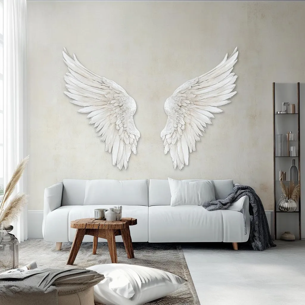 3D Angel Wings Wall Decal | Large Feathered Wings Wall Sticker Living Room Nursery | Elegant Angel Wings Decor | Sculptural Effect Wall Art