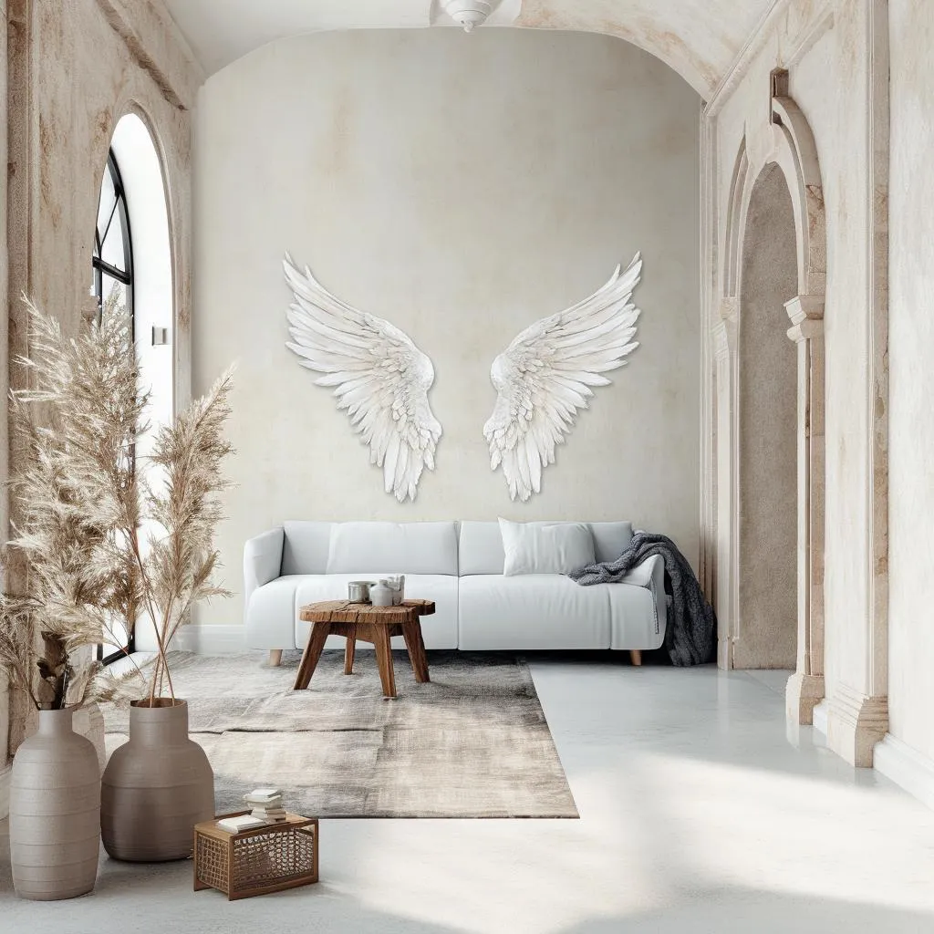 3D Angel Wings Wall Decal | Large Feathered Wings Wall Sticker Living Room Nursery | Elegant Angel Wings Decor | Sculptural Effect Wall Art