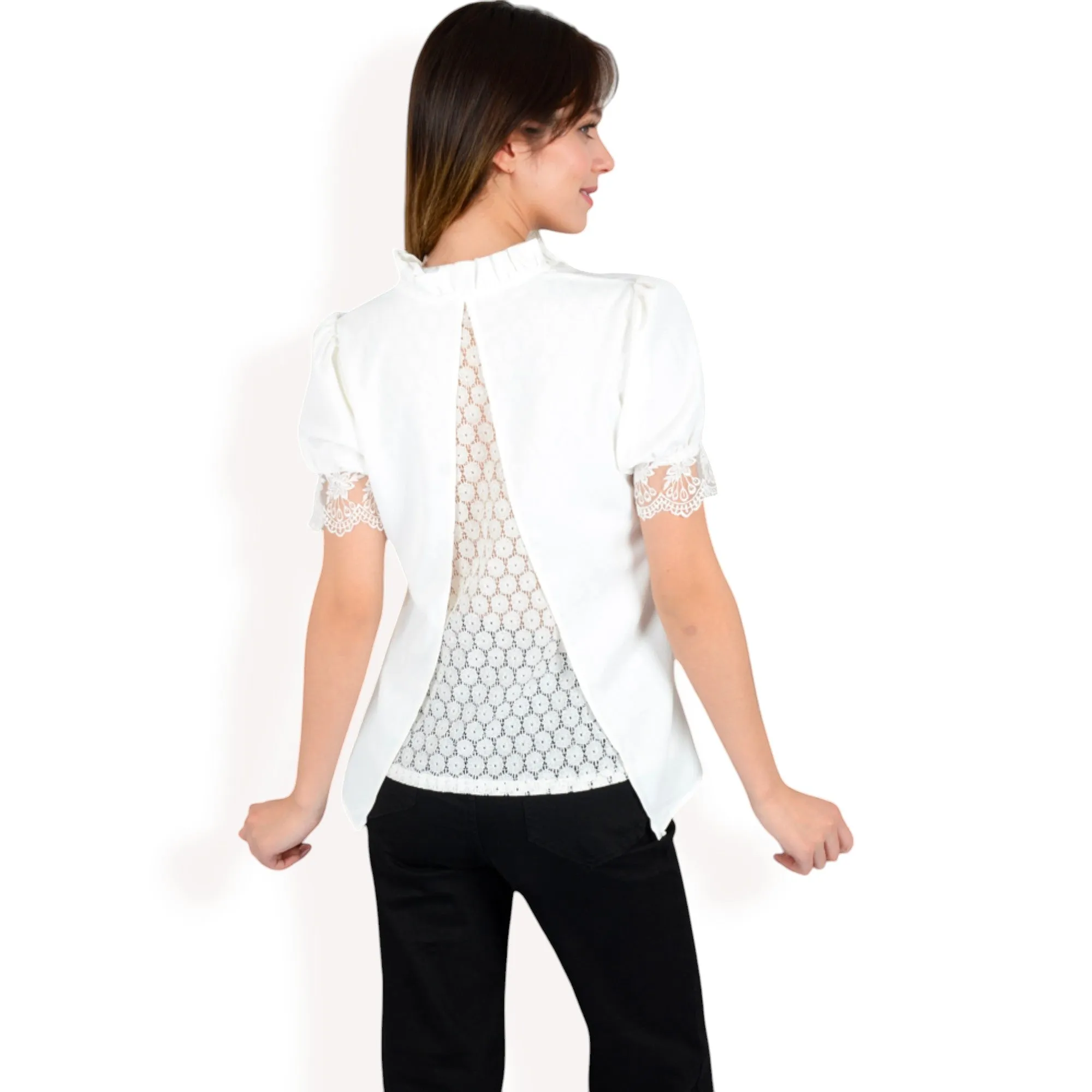 Anna-Kaci Women's Puff Sleeve Blouse with Delicate Crochet Cuffs and V-Neckline