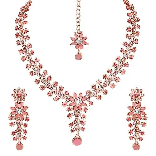 Atasi International Rose Gold Plated Mint Pink Diamond Necklace/Jewellery Set for Women with Earrings and Maang Tikka (RGP1965)