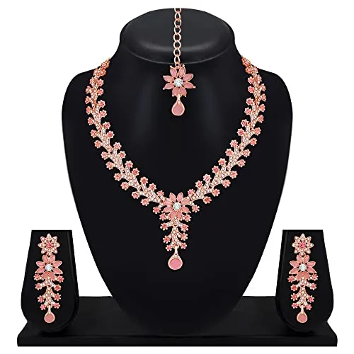 Atasi International Rose Gold Plated Mint Pink Diamond Necklace/Jewellery Set for Women with Earrings and Maang Tikka (RGP1965)