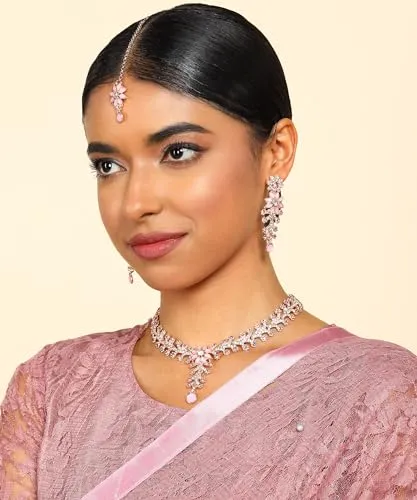 Atasi International Rose Gold Plated Mint Pink Diamond Necklace/Jewellery Set for Women with Earrings and Maang Tikka (RGP1965)