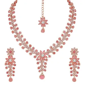 Atasi International Rose Gold Plated Mint Pink Diamond Necklace/Jewellery Set for Women with Earrings and Maang Tikka (RGP1965)