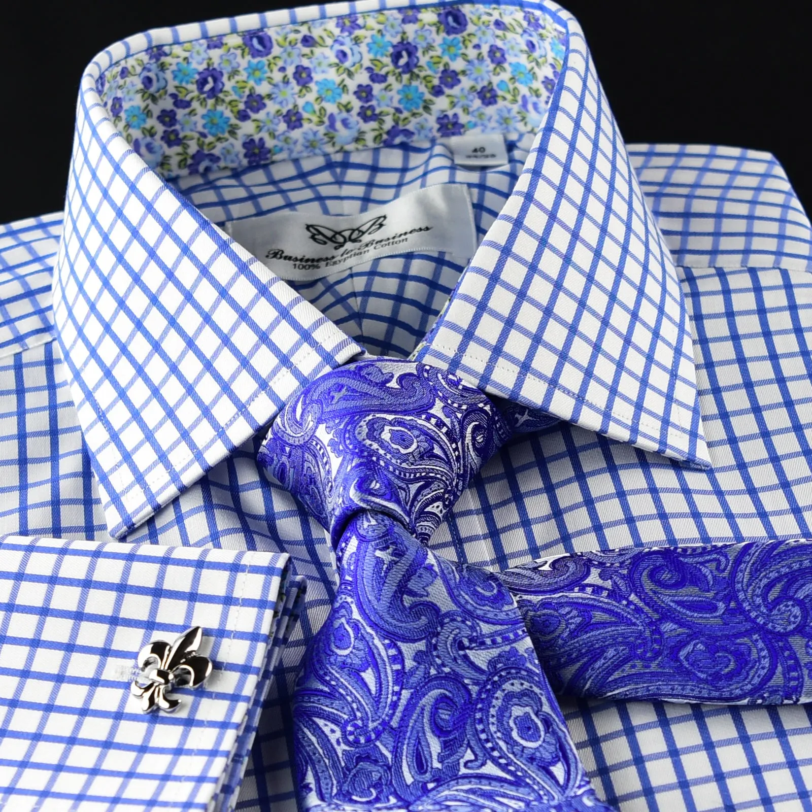 Blue Check Business Dress Shirt Men's Classic Formal French Cuff Floral Style A