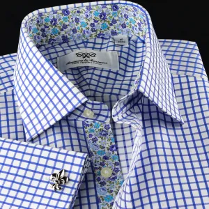 Blue Check Business Dress Shirt Men's Classic Formal French Cuff Floral Style A