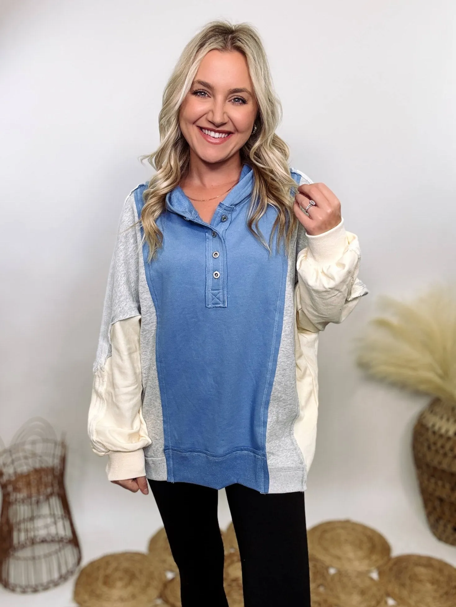 Blue, Grey and Cream Colorblock Half Button Down Oversized Hoodie