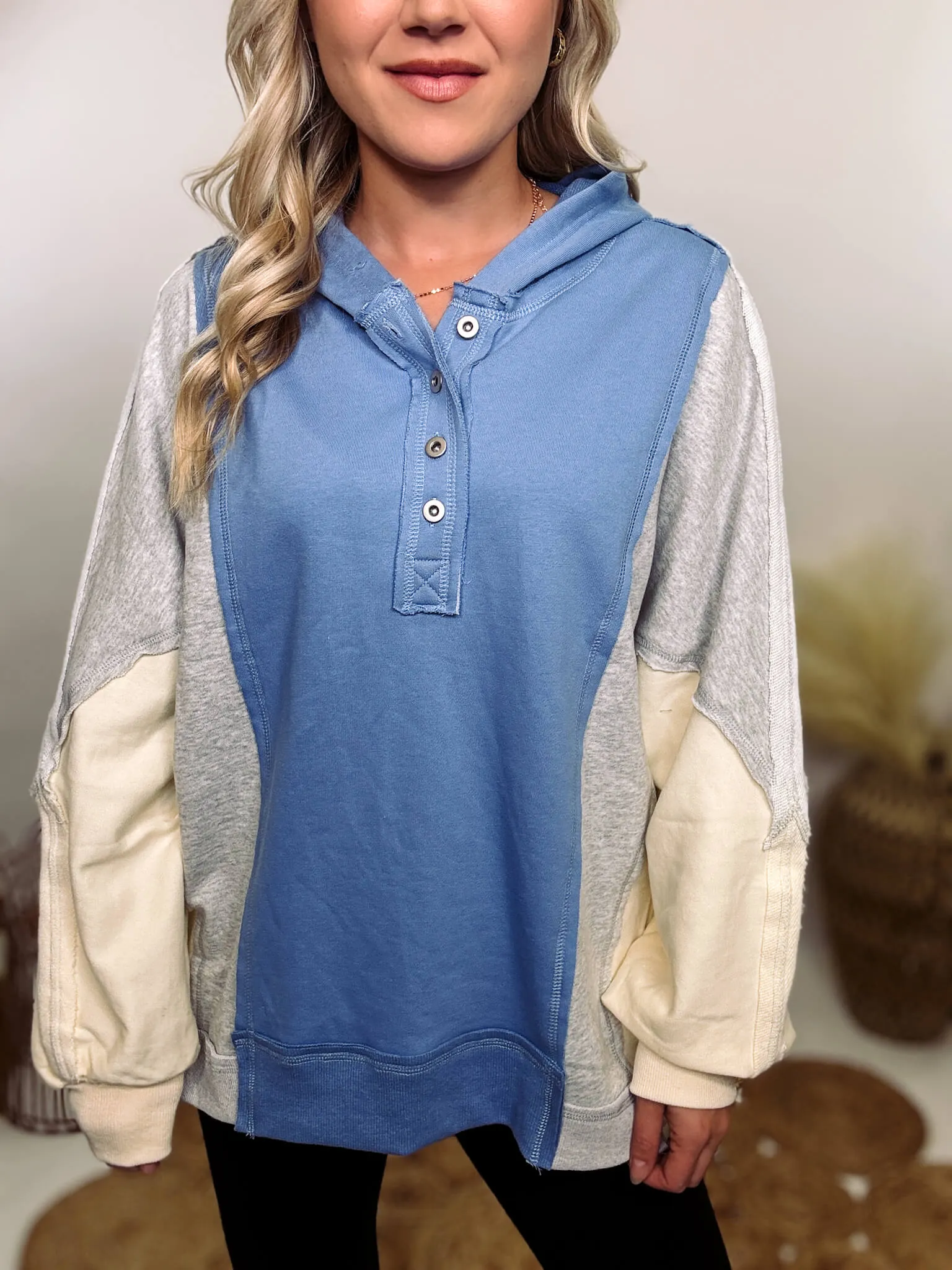 Blue, Grey and Cream Colorblock Half Button Down Oversized Hoodie