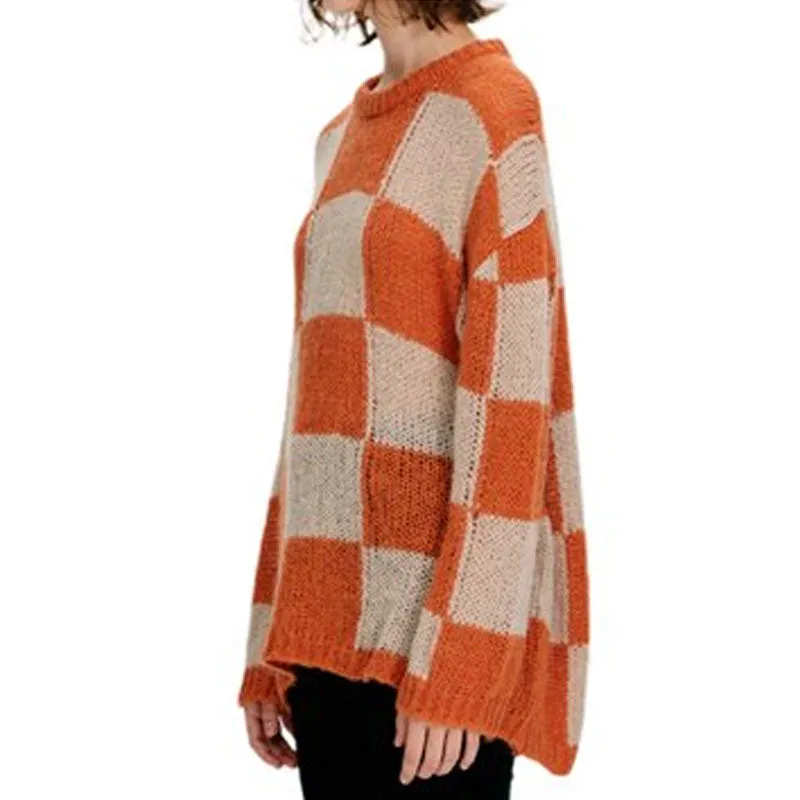 Chic Checkered Print Crew Neck Drop Shoulder Long Sleeve Orange Oversized Sweater