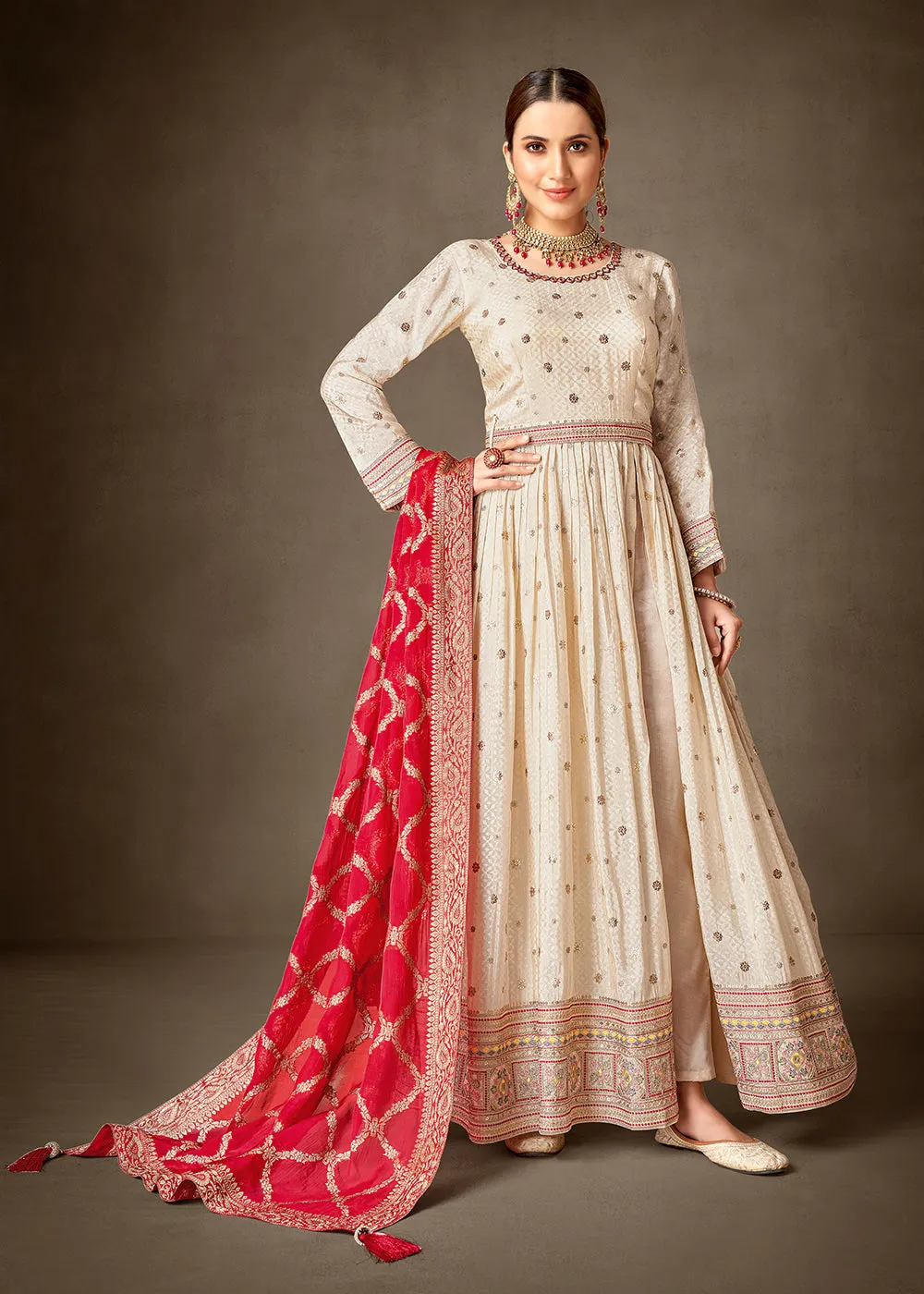 Cream & Red Pure Silk Jacquard Slit Style Anarkali Dress