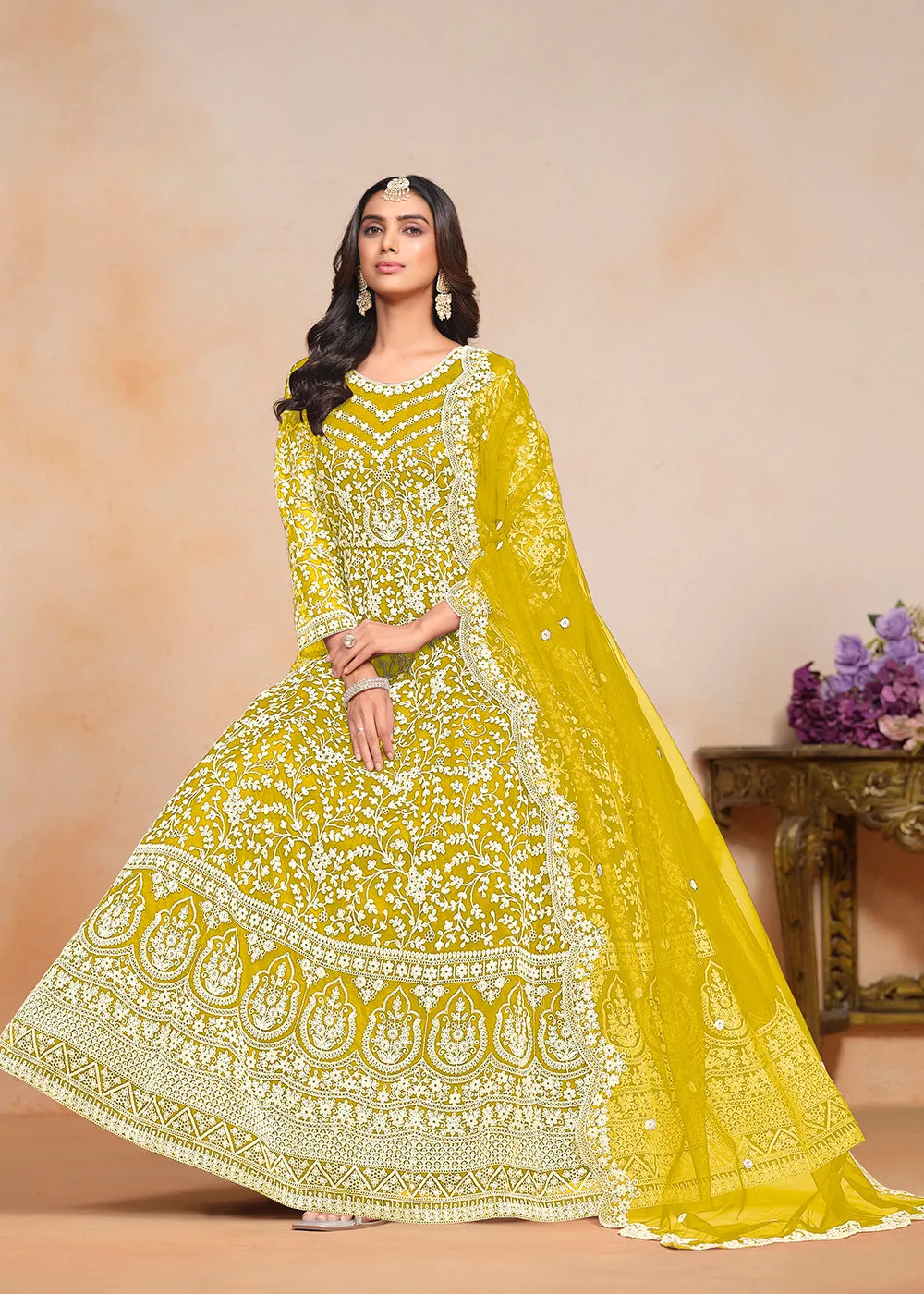 Festive Yellow Embroidered Net Designer Anarkali Dress