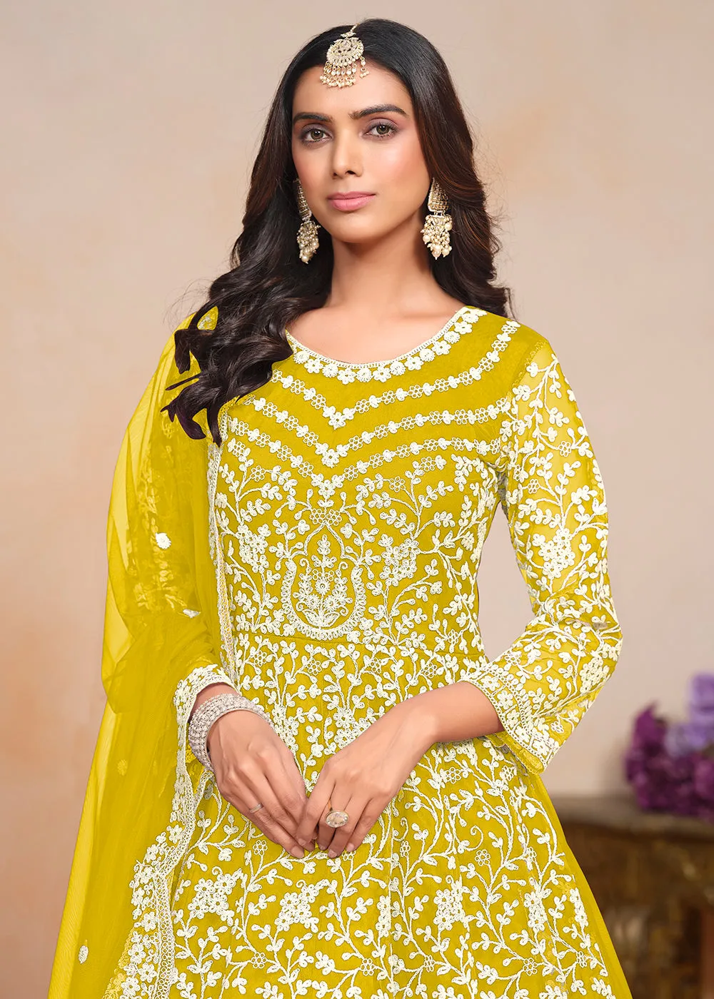 Festive Yellow Embroidered Net Designer Anarkali Dress