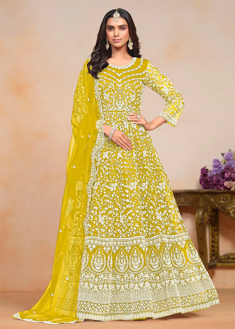 Festive Yellow Embroidered Net Designer Anarkali Dress