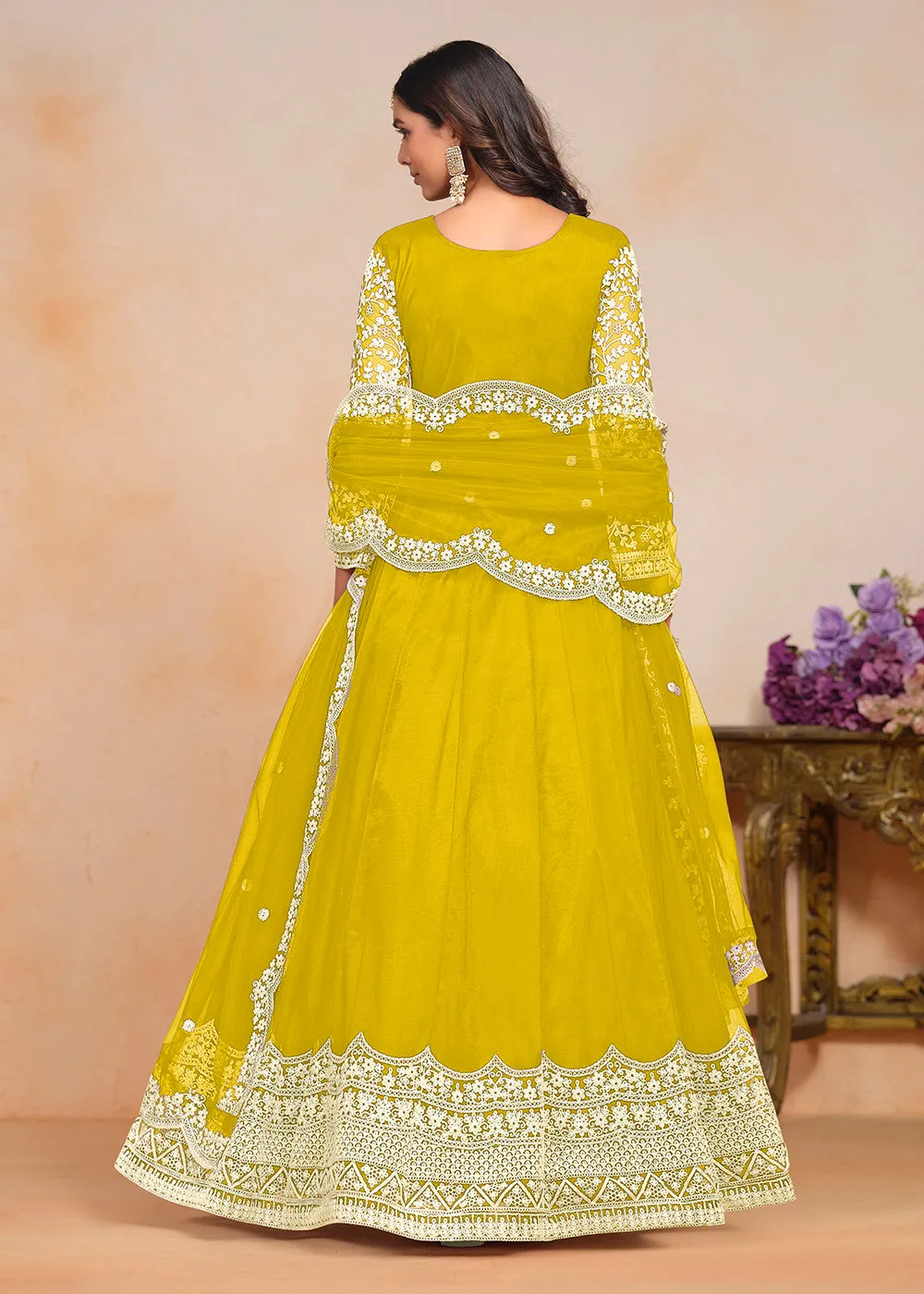 Festive Yellow Embroidered Net Designer Anarkali Dress