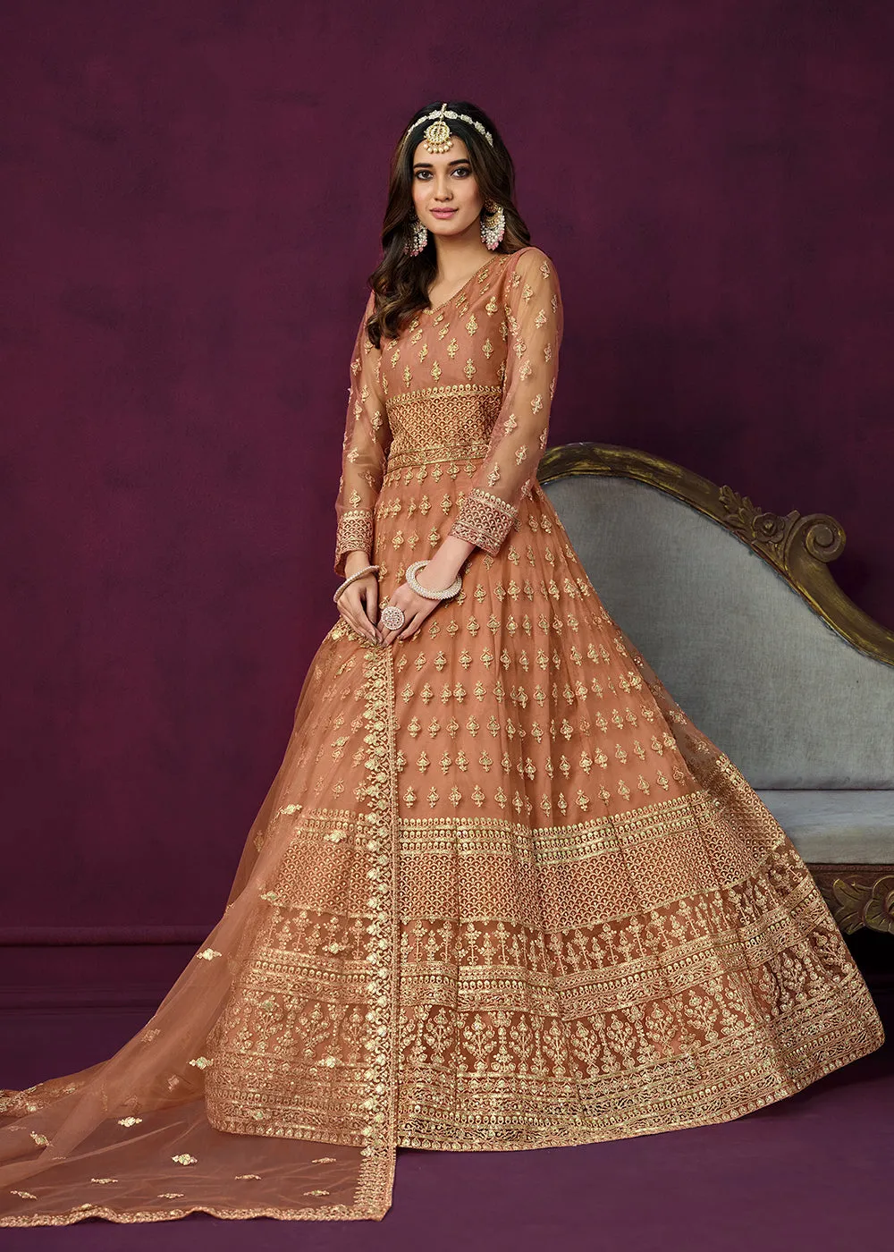 Floor Length Brown Sequins Embroidered Wedding Anarkali Suit