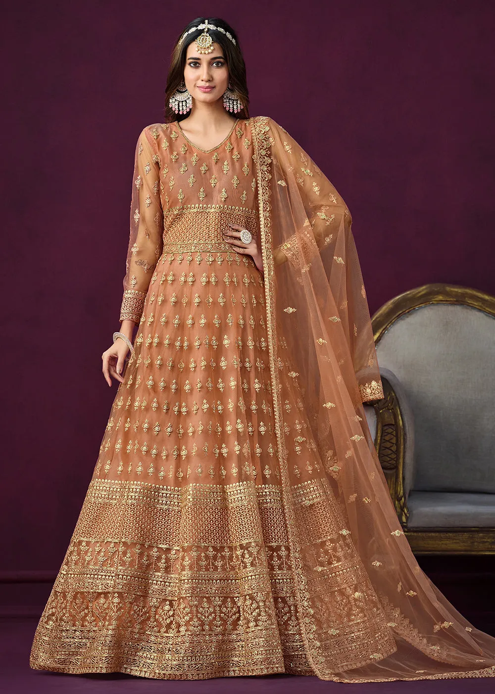 Floor Length Brown Sequins Embroidered Wedding Anarkali Suit