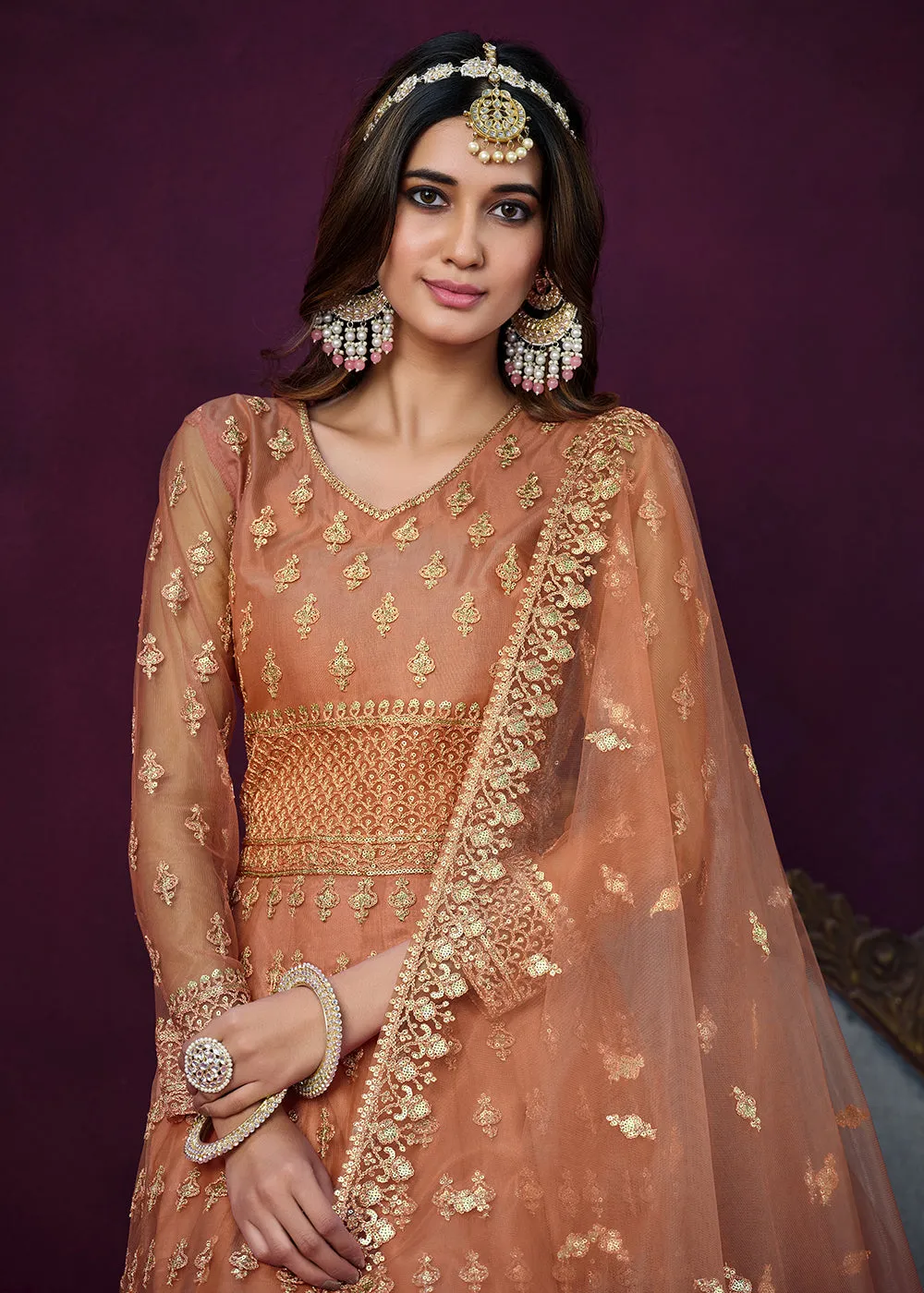 Floor Length Brown Sequins Embroidered Wedding Anarkali Suit