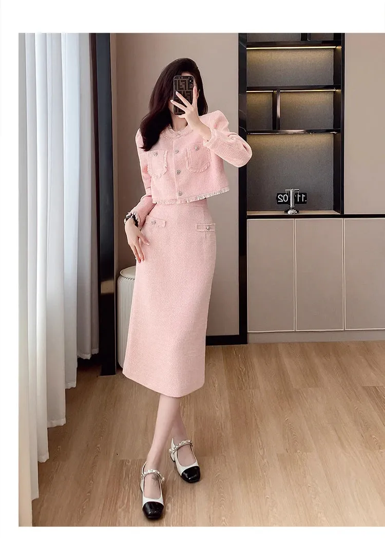 French Elegant Women Pink 2 Pieces Set 2023 Autumn Tassel Long Sleeve Coat A-line Chic Midi Skirt Spring Y2k Lady Dress Suits