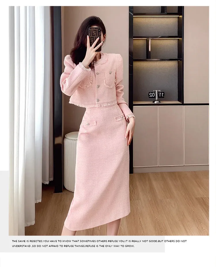 French Elegant Women Pink 2 Pieces Set 2023 Autumn Tassel Long Sleeve Coat A-line Chic Midi Skirt Spring Y2k Lady Dress Suits