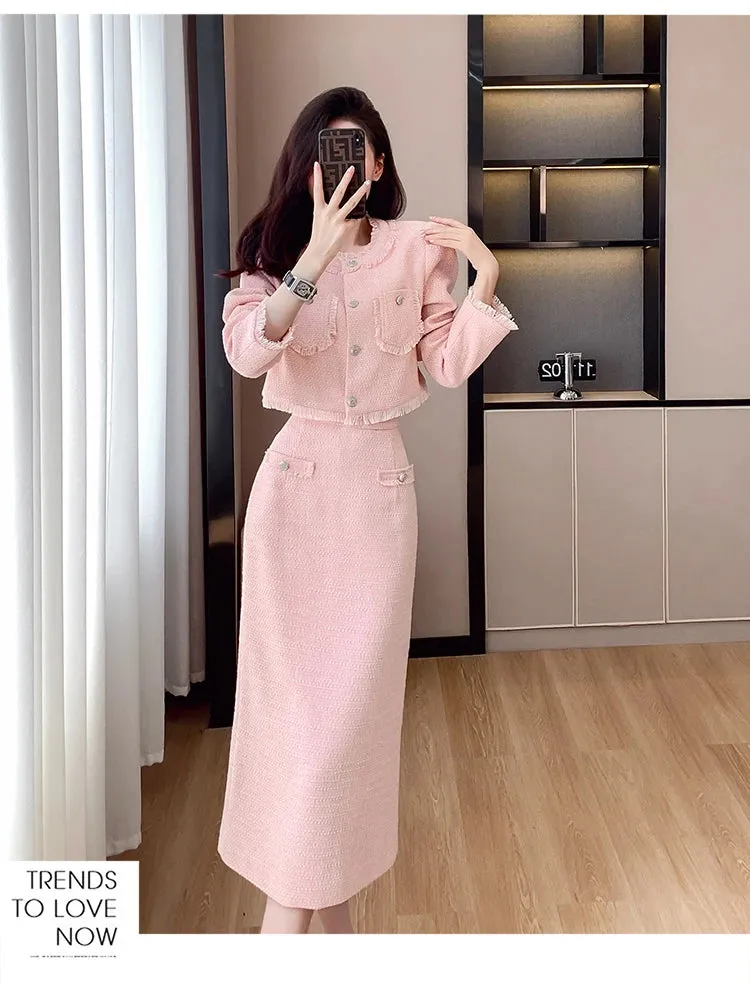 French Elegant Women Pink 2 Pieces Set 2023 Autumn Tassel Long Sleeve Coat A-line Chic Midi Skirt Spring Y2k Lady Dress Suits