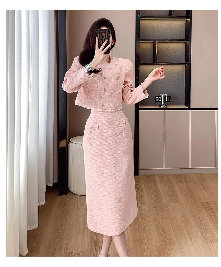 French Elegant Women Pink 2 Pieces Set 2023 Autumn Tassel Long Sleeve Coat A-line Chic Midi Skirt Spring Y2k Lady Dress Suits