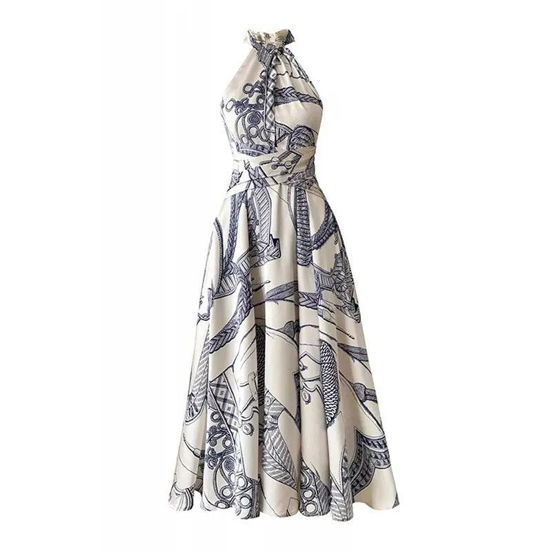 French Style Halterneck Printed Dress