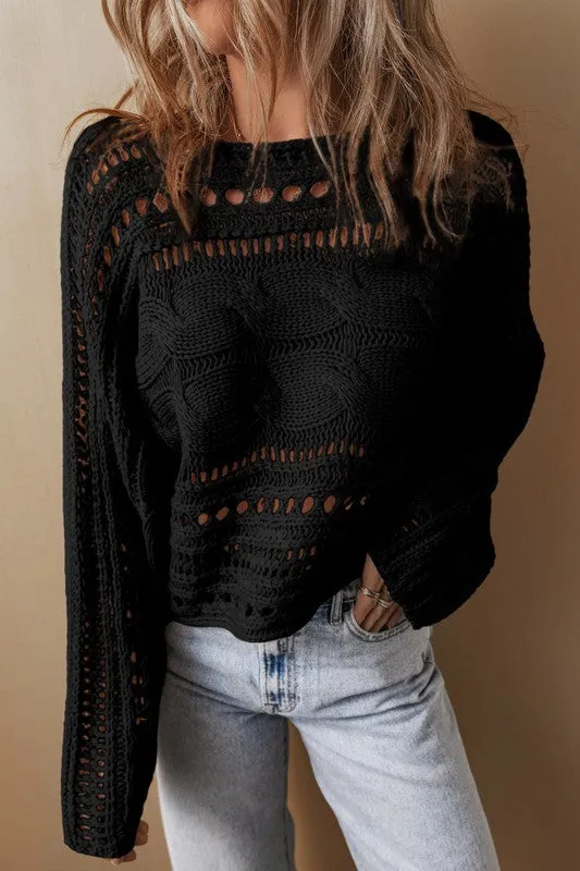 Gray Hollow-out Cable Knit Cropped Sweater