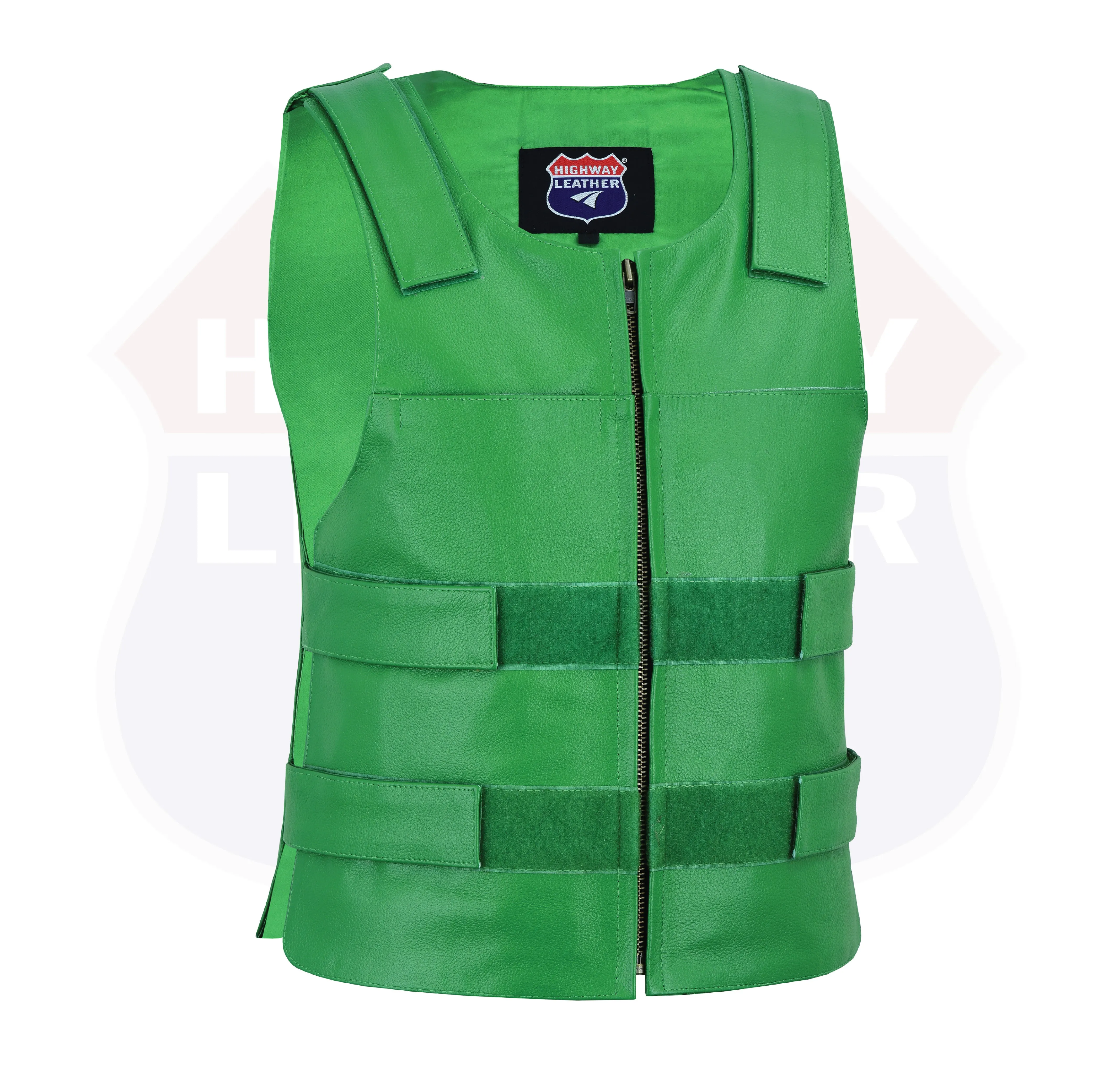 HL11643 Green Men Bulletproof Style tactical street leather vest - Zippered For Biker Club