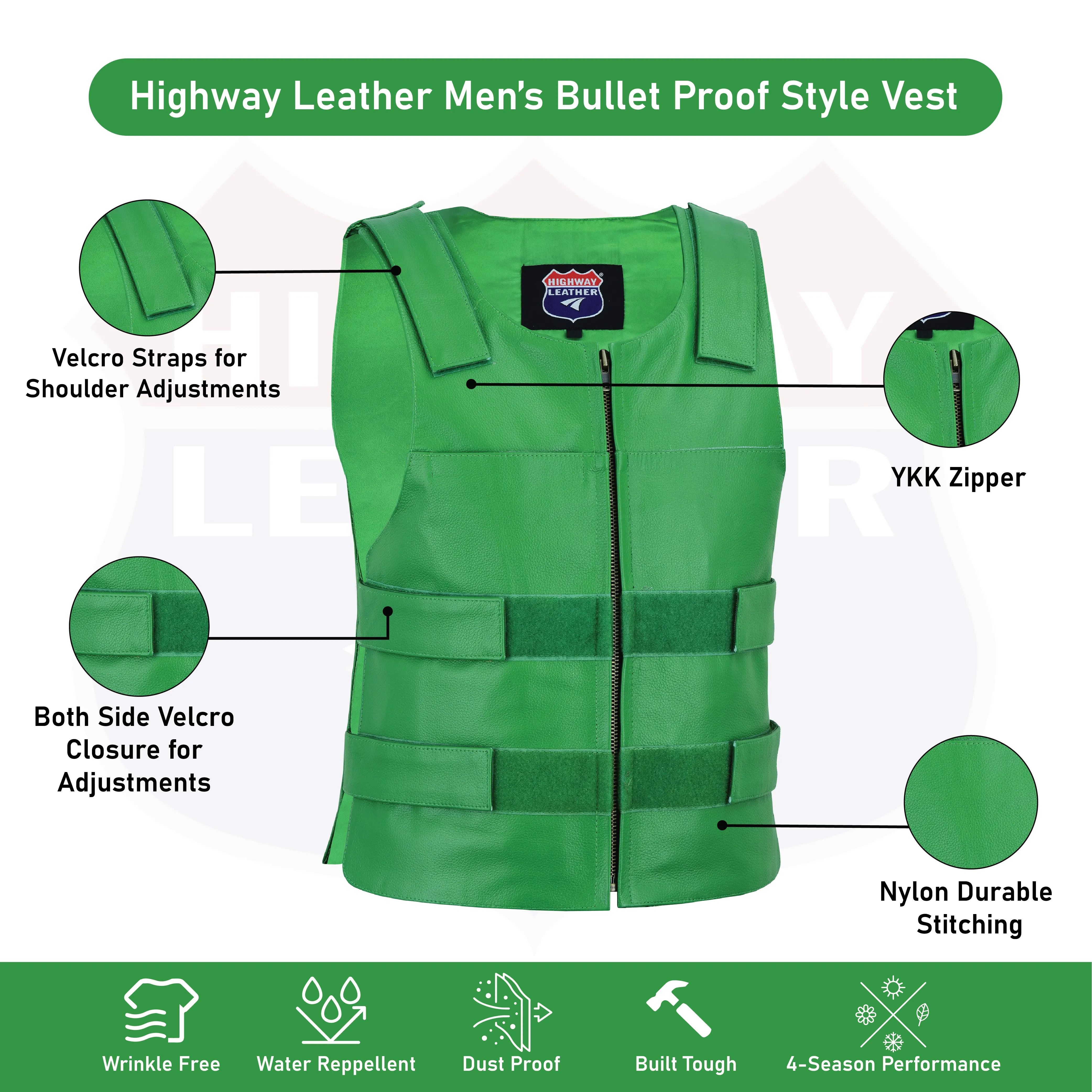 HL11643 Green Men Bulletproof Style tactical street leather vest - Zippered For Biker Club