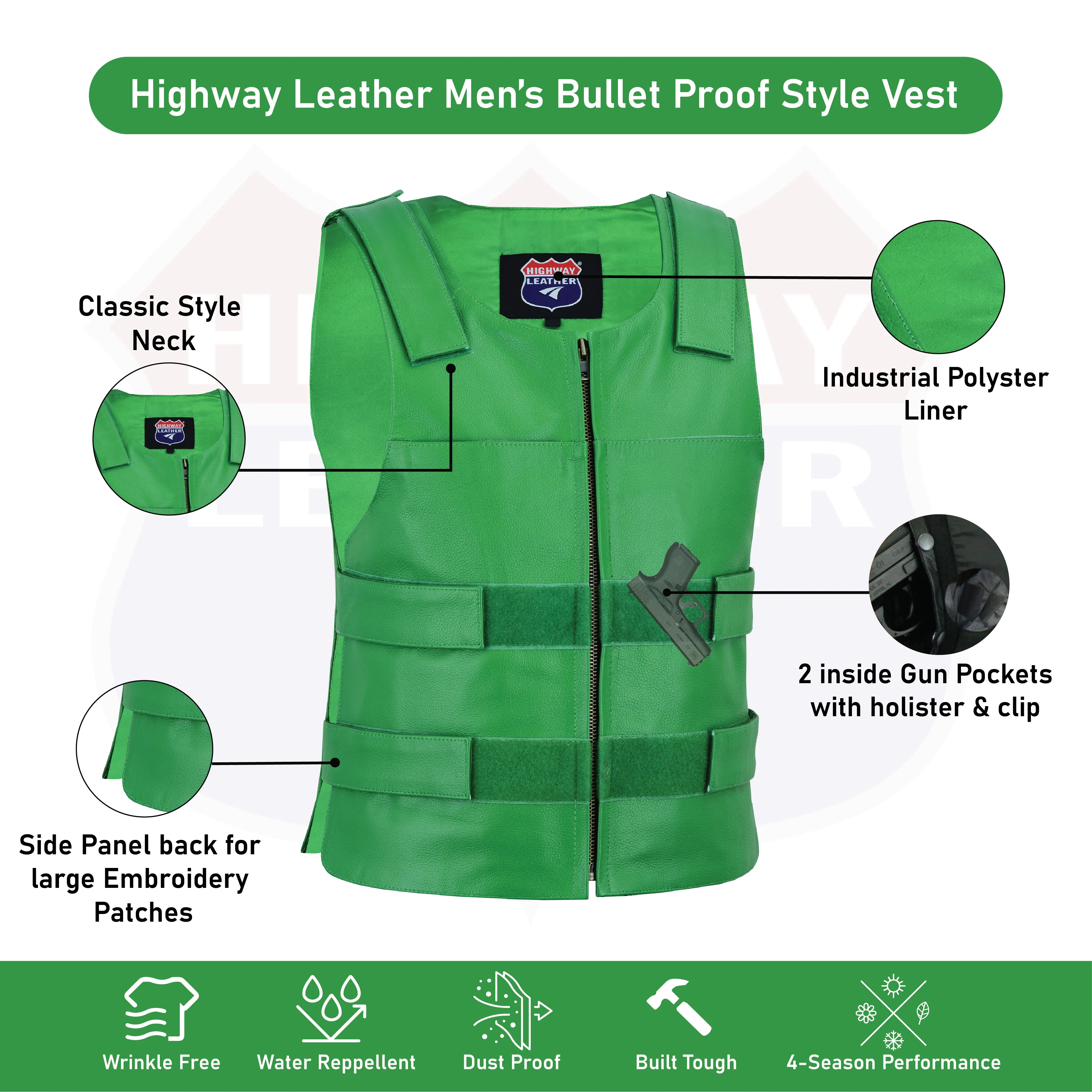 HL11643 Green Men Bulletproof Style tactical street leather vest - Zippered For Biker Club