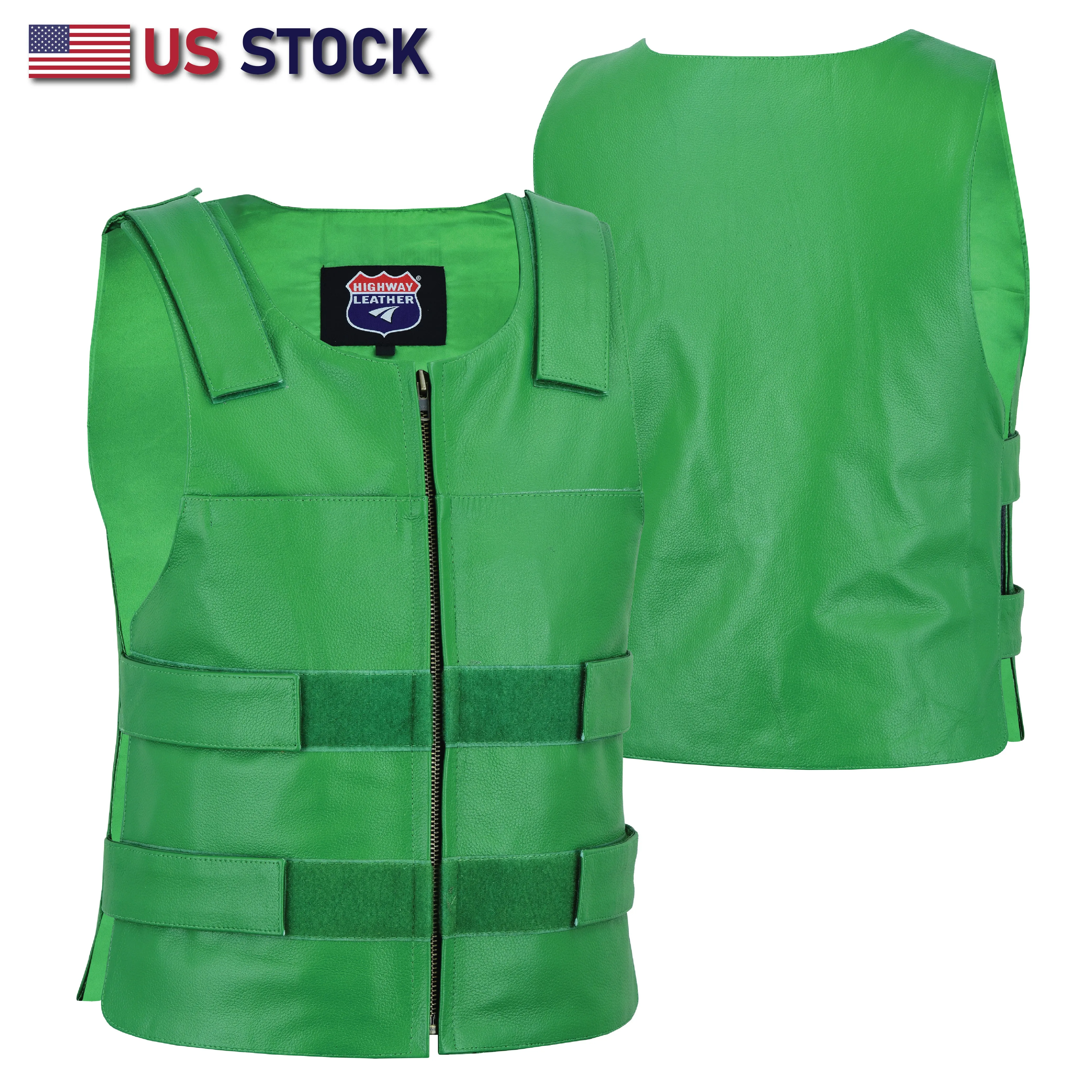 HL11643 Green Men Bulletproof Style tactical street leather vest - Zippered For Biker Club