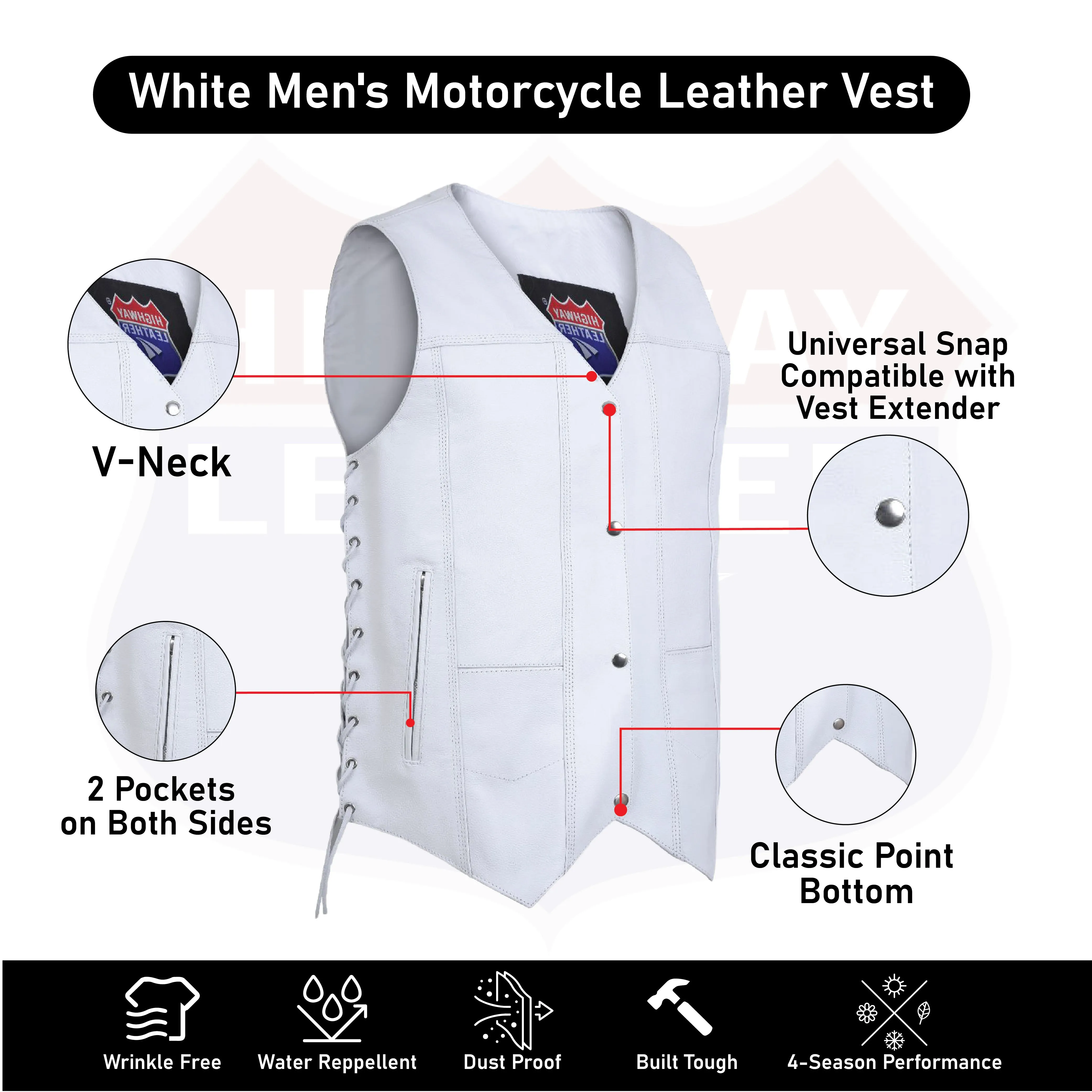 HL3540WHITE Men's Genuine White Leather 10 Pockets Motorcycle Biker Vest ANARCHY White SOA