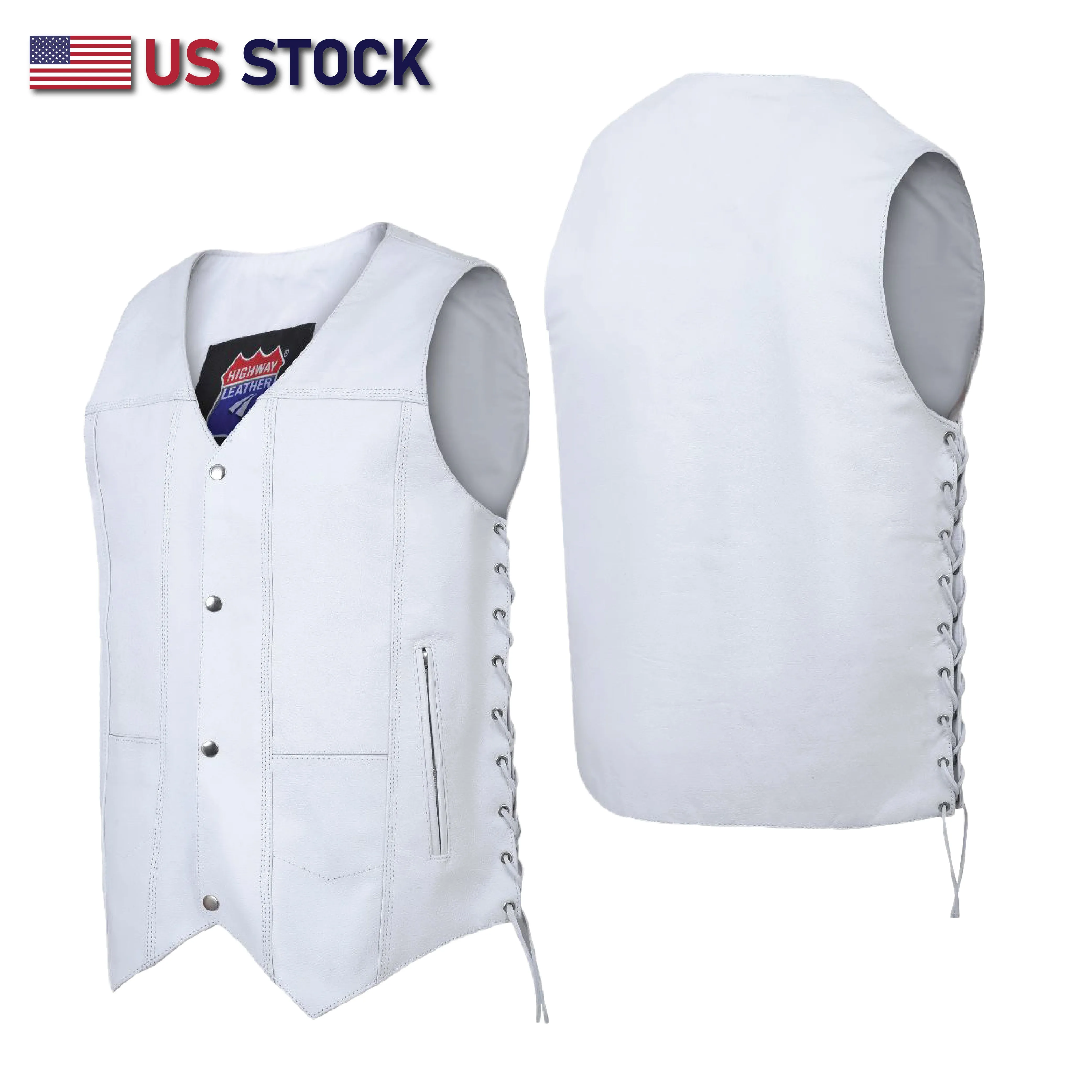 HL3540WHITE Men's Genuine White Leather 10 Pockets Motorcycle Biker Vest ANARCHY White SOA