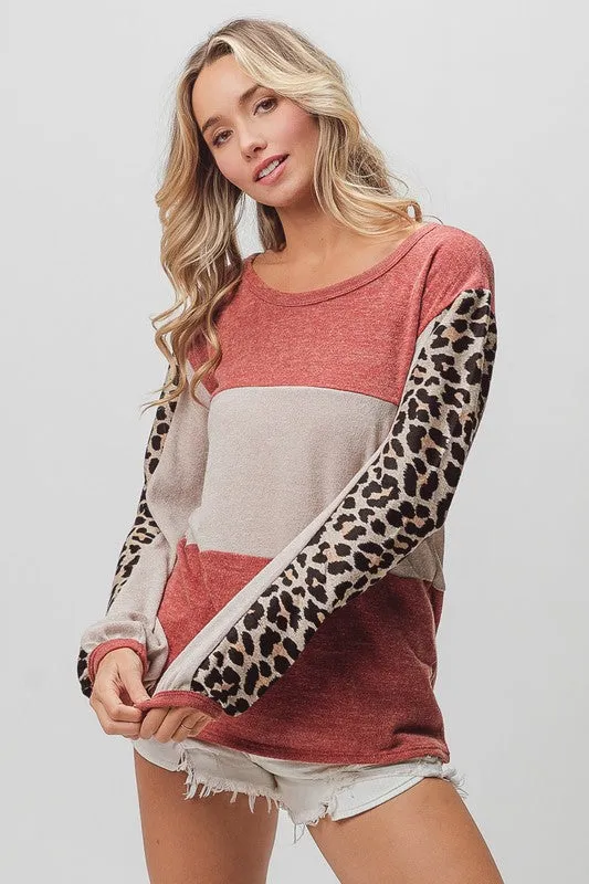 HWT1239 SWEATER KNIT COLOR BLOCK TOP WITH LEOPARD