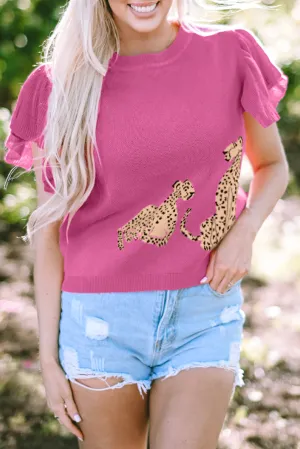 Leopard Ruffled Sleeve Knit Sweater