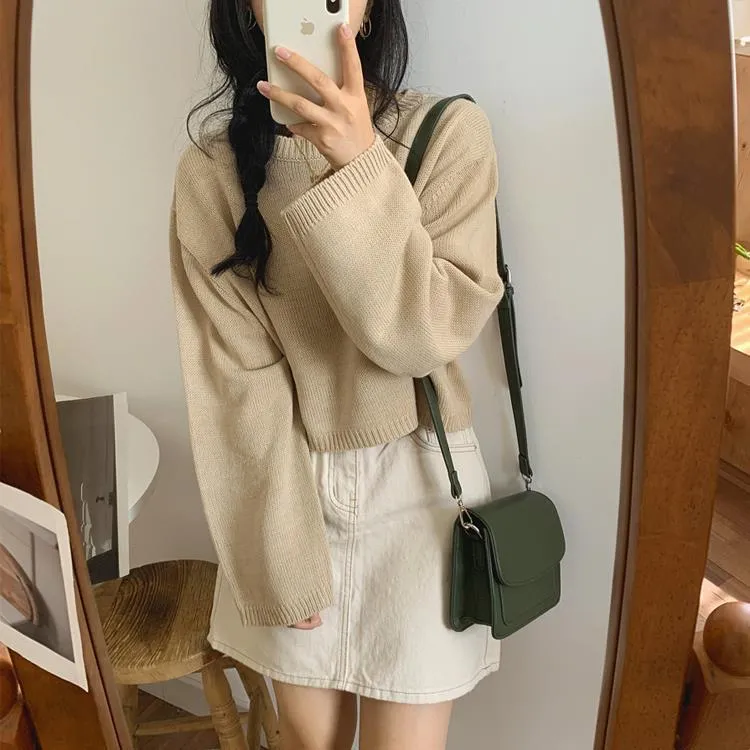 Loose Knit Solid Color Korean Crop Top Sweaters