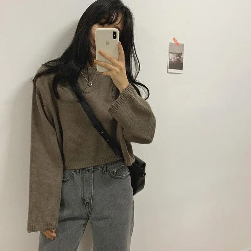 Loose Knit Solid Color Korean Crop Top Sweaters