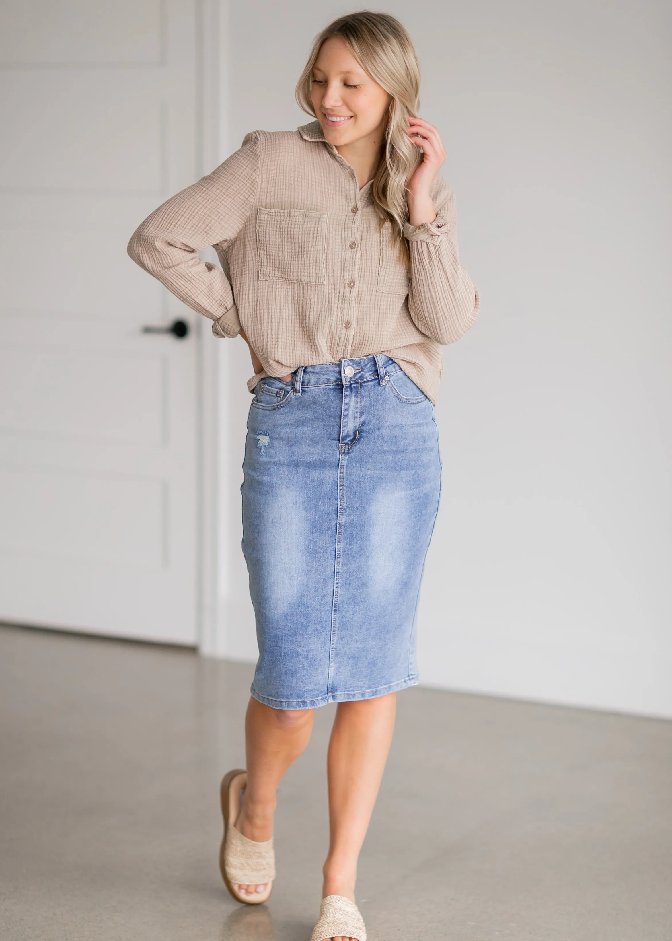 Maelia Distressed Light Wash Midi Skirt - FINAL SALE