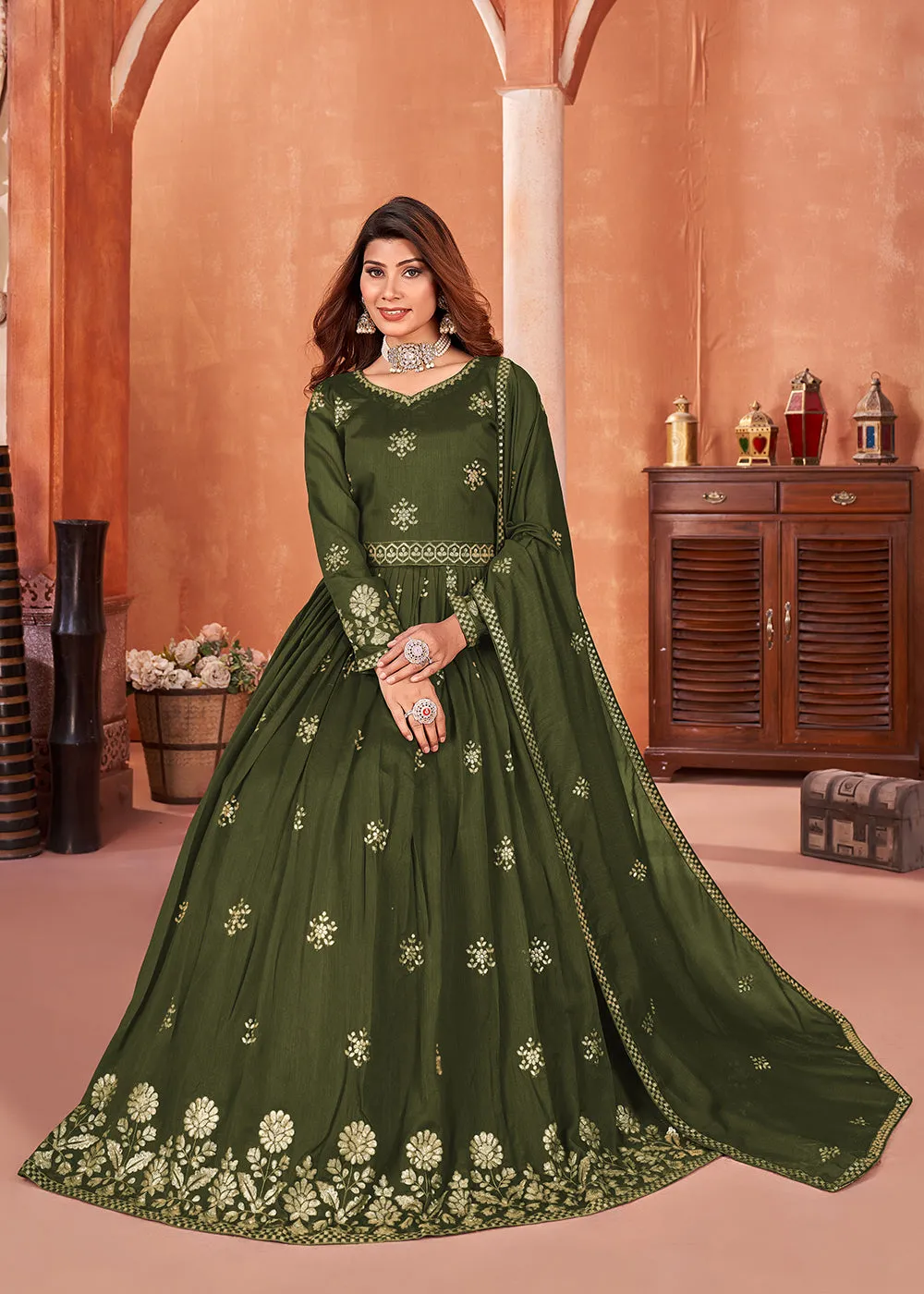 Mehndi Green Festive Embroidered Art Silk Anarkali Suit