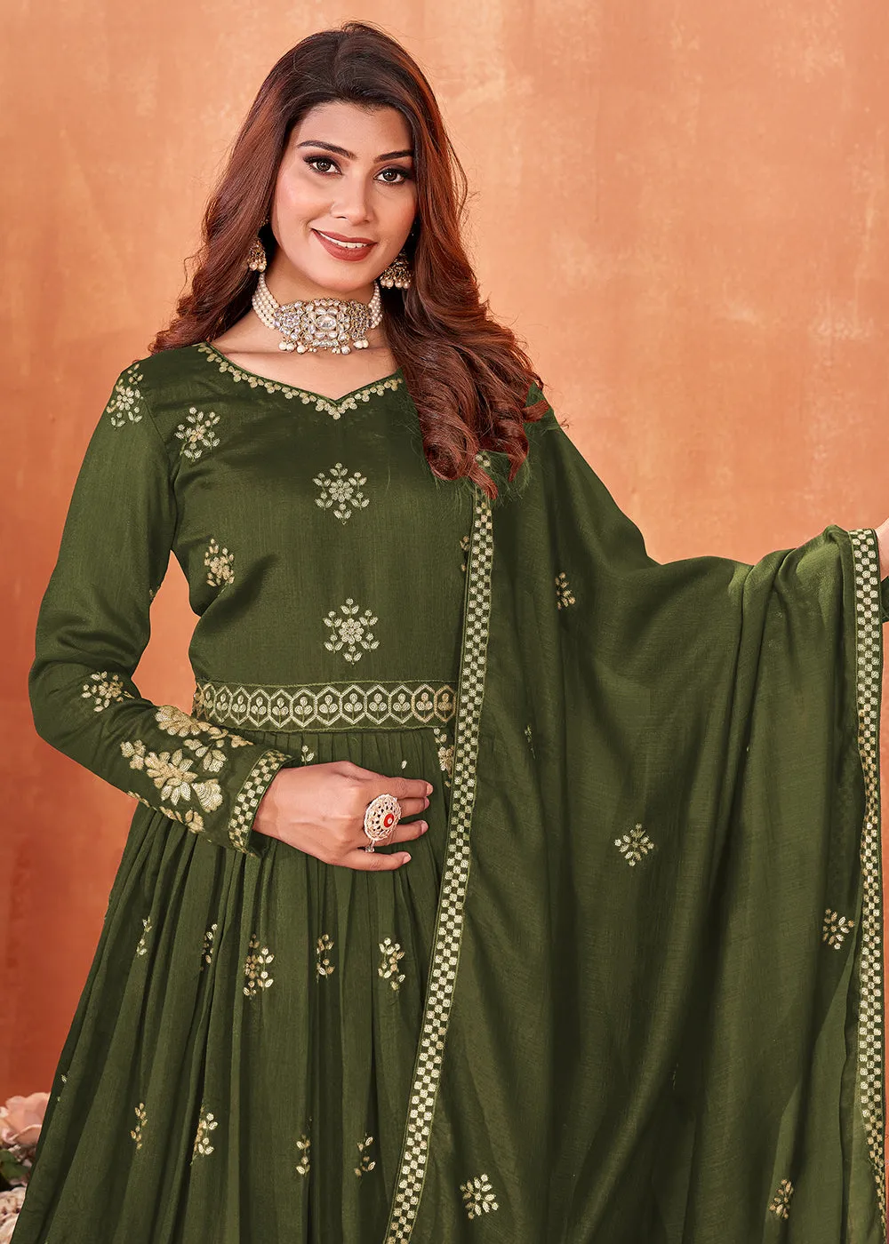 Mehndi Green Festive Embroidered Art Silk Anarkali Suit