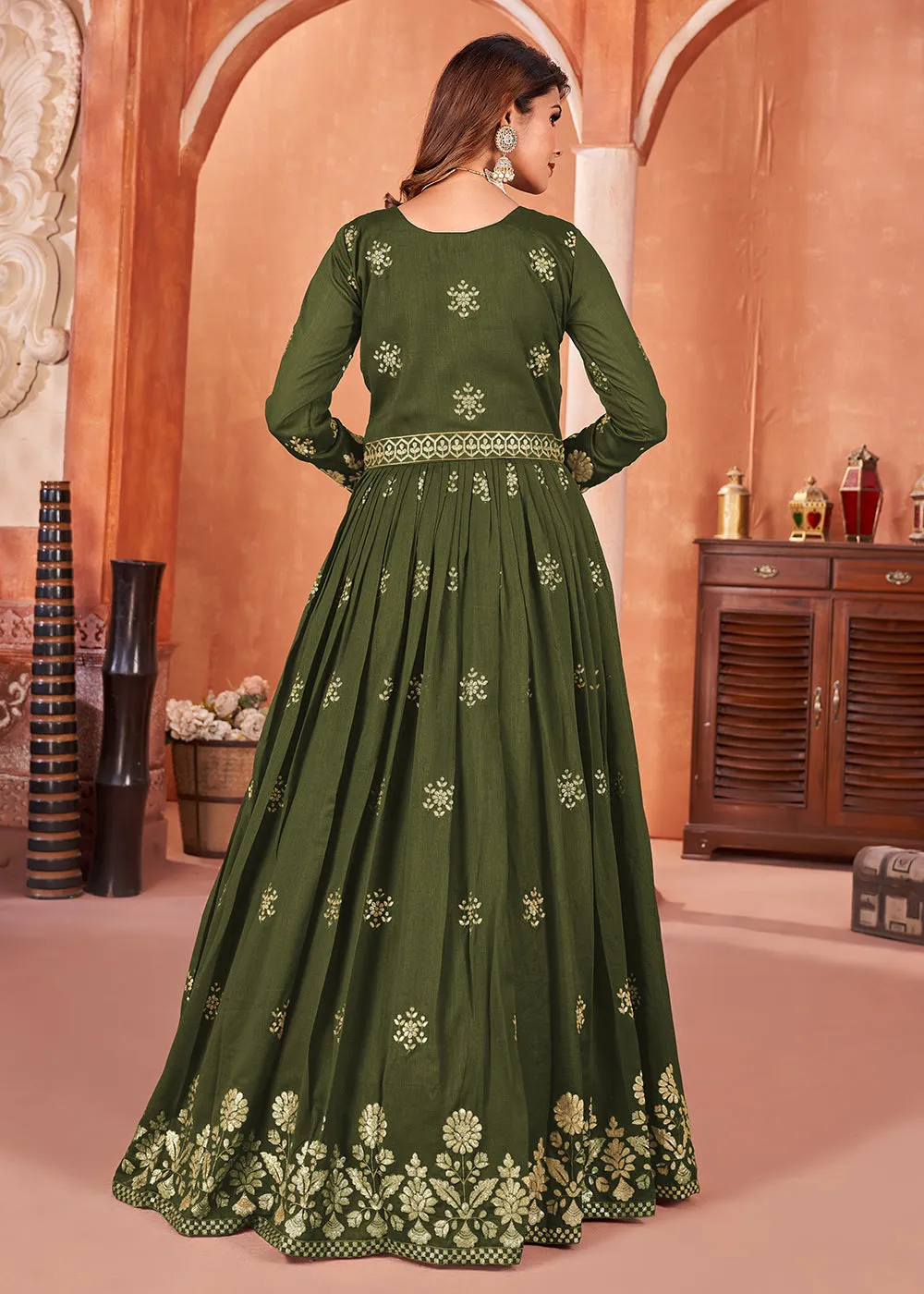 Mehndi Green Festive Embroidered Art Silk Anarkali Suit