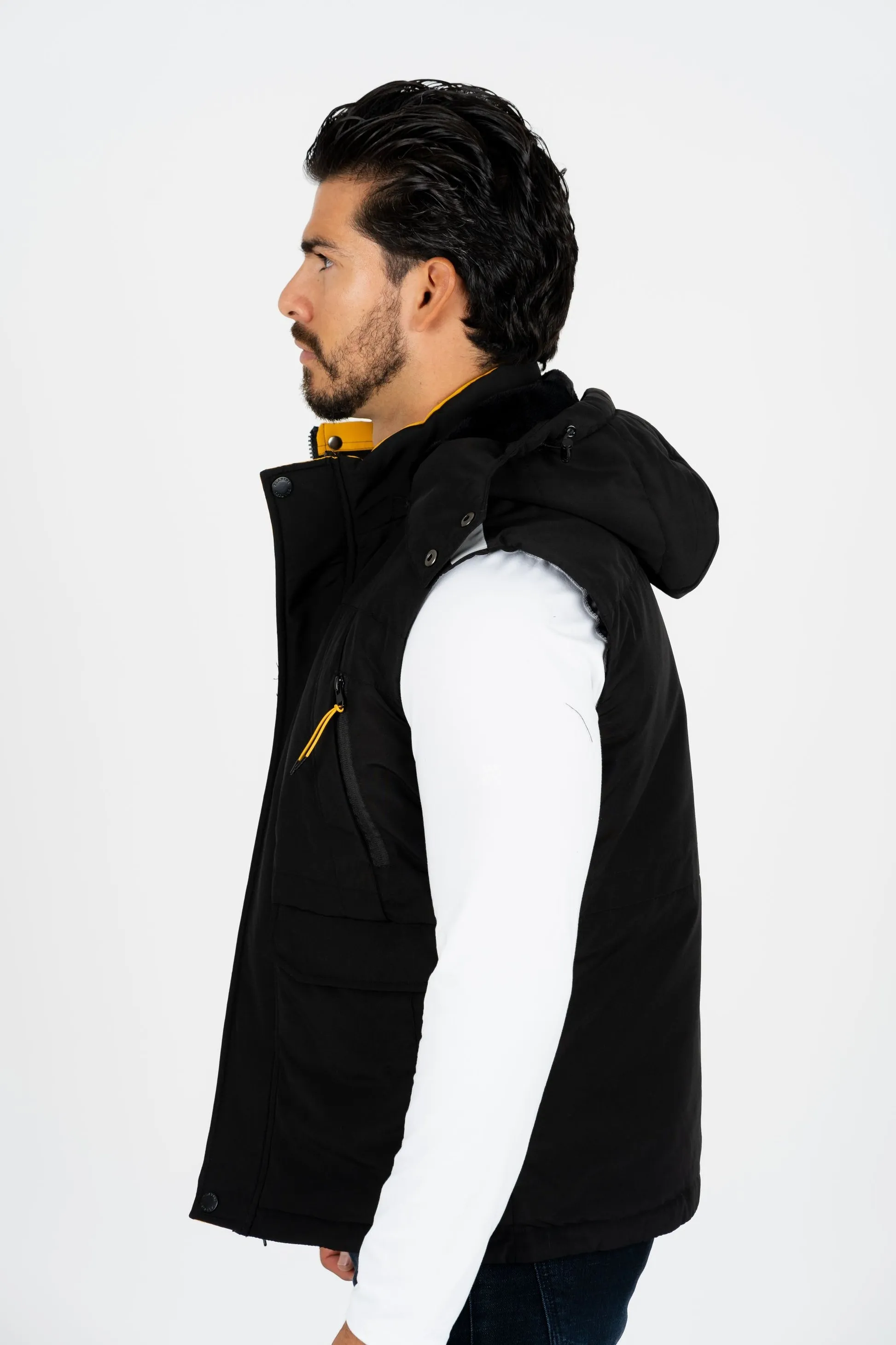 Men's Black Padded Hooded Vest with Faux Fur Lining | VST8886