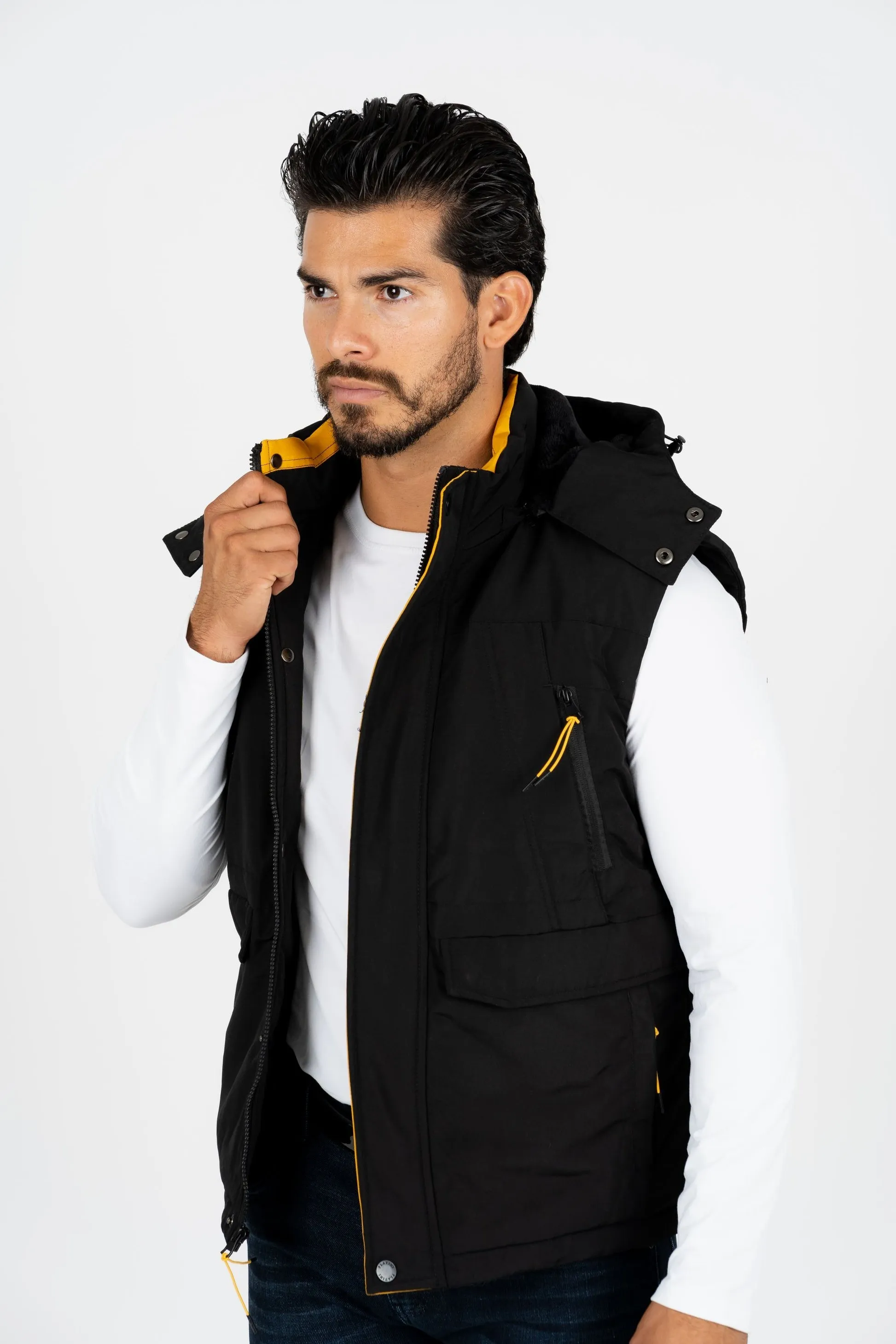 Men's Black Padded Hooded Vest with Faux Fur Lining | VST8886