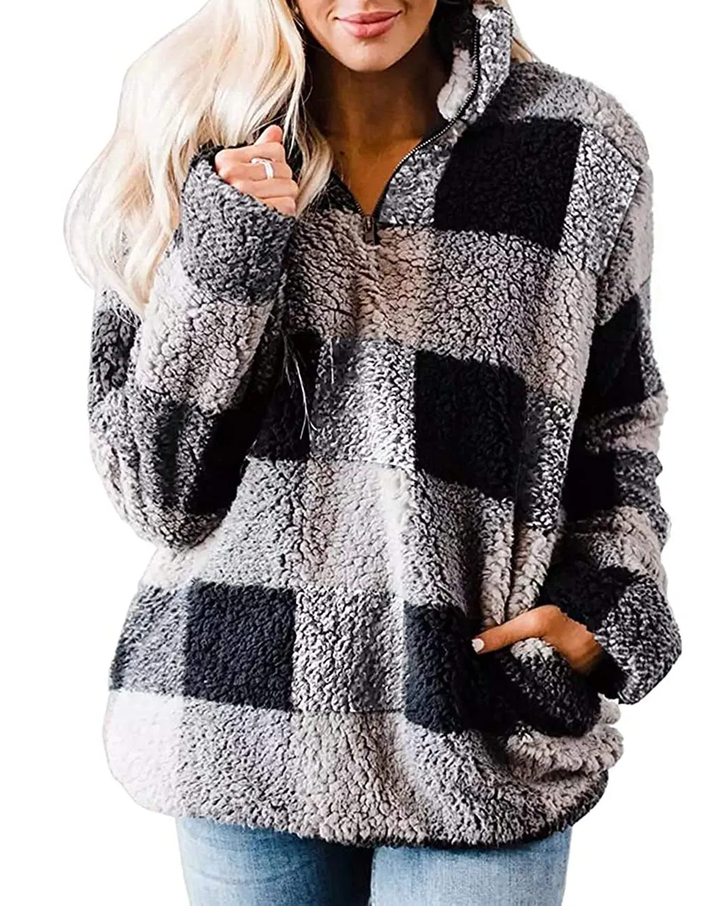 MEROKEETY Plaid Sherpa Fleece Zip Pullover Jacket