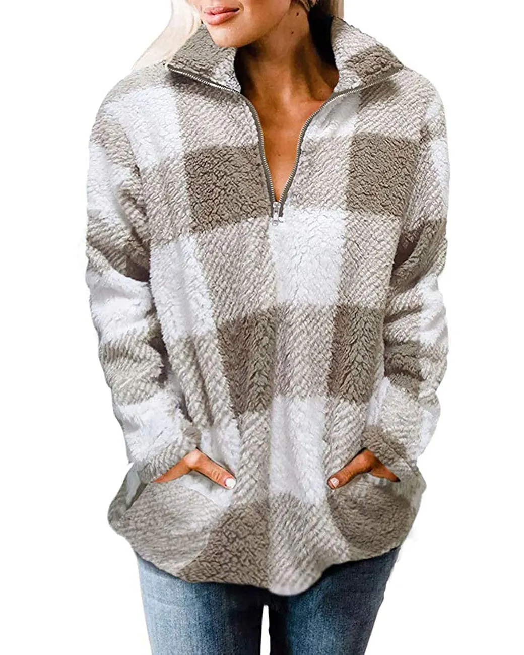 MEROKEETY Plaid Sherpa Fleece Zip Pullover Jacket