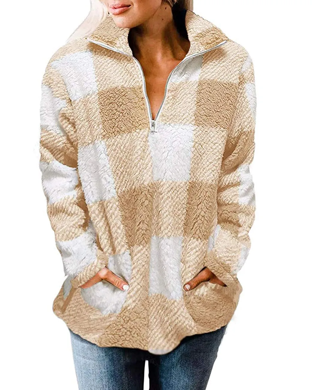 MEROKEETY Plaid Sherpa Fleece Zip Pullover Jacket