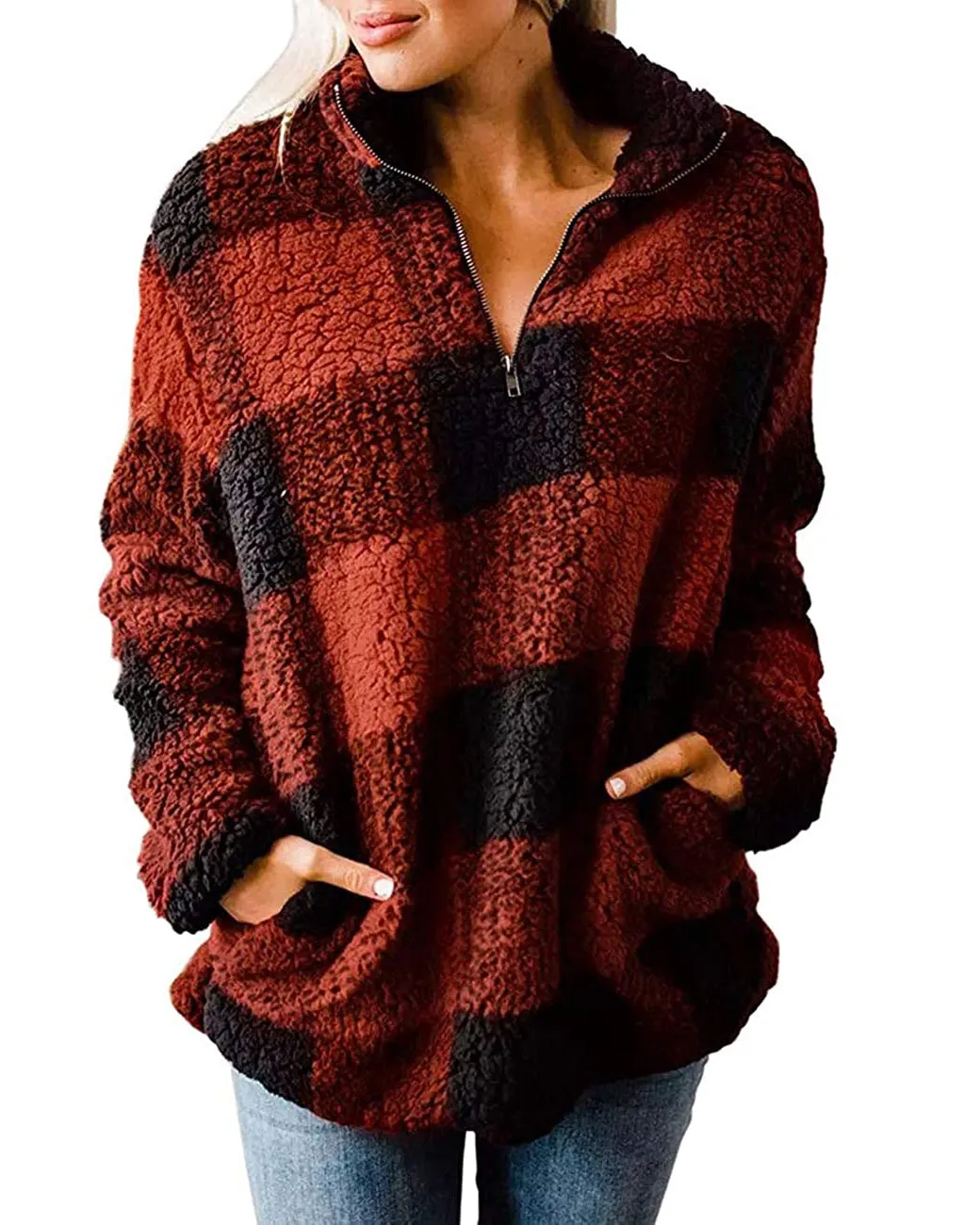 MEROKEETY Plaid Sherpa Fleece Zip Pullover Jacket