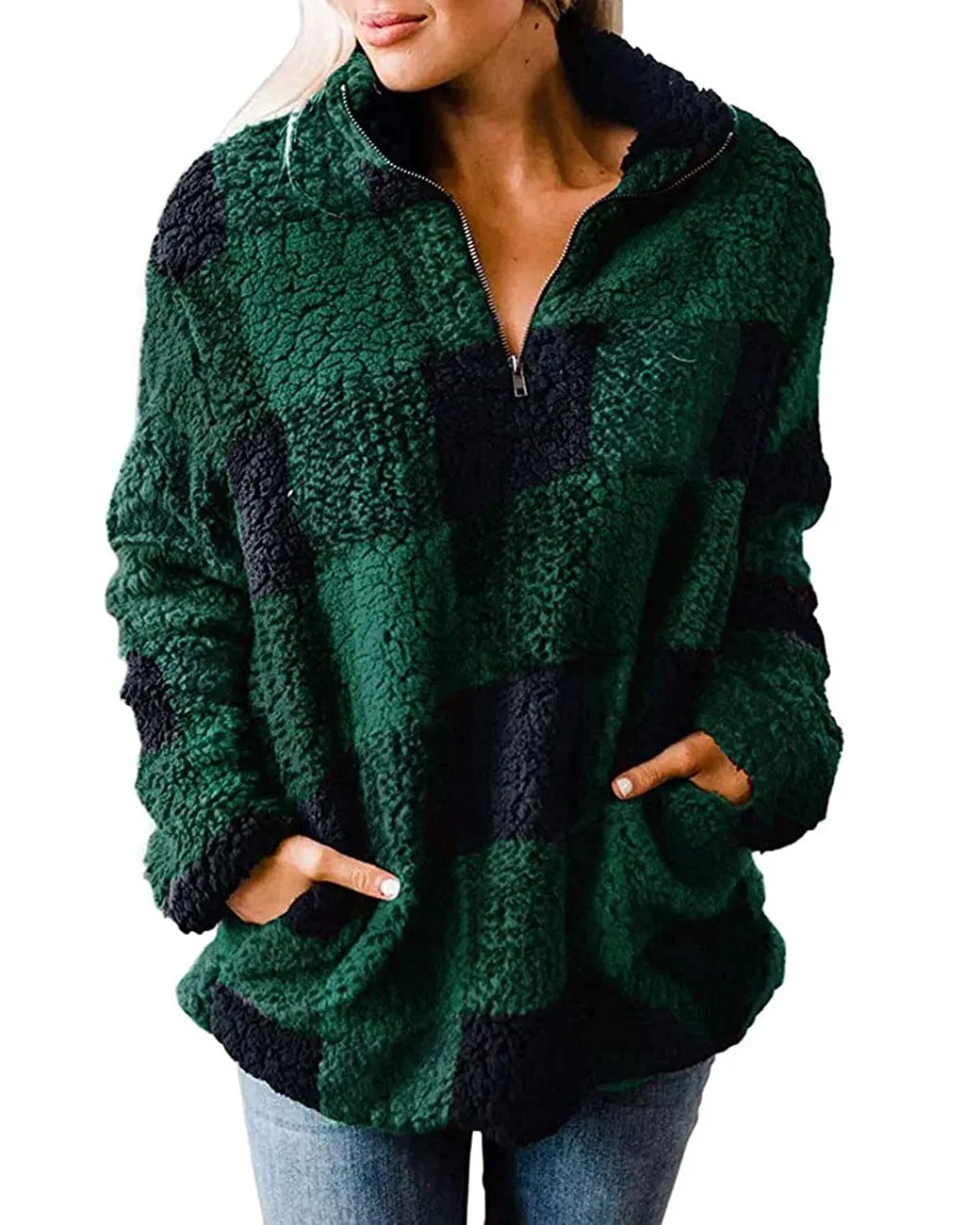 MEROKEETY Plaid Sherpa Fleece Zip Pullover Jacket