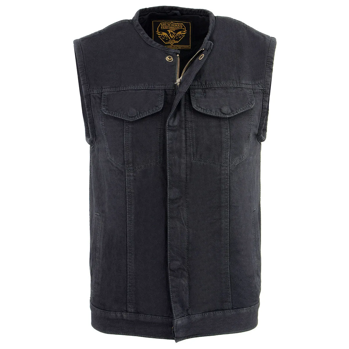 Milwaukee Leather MDM3001 Men's Collarless Black Denim Club Style Vest with Dual Closure