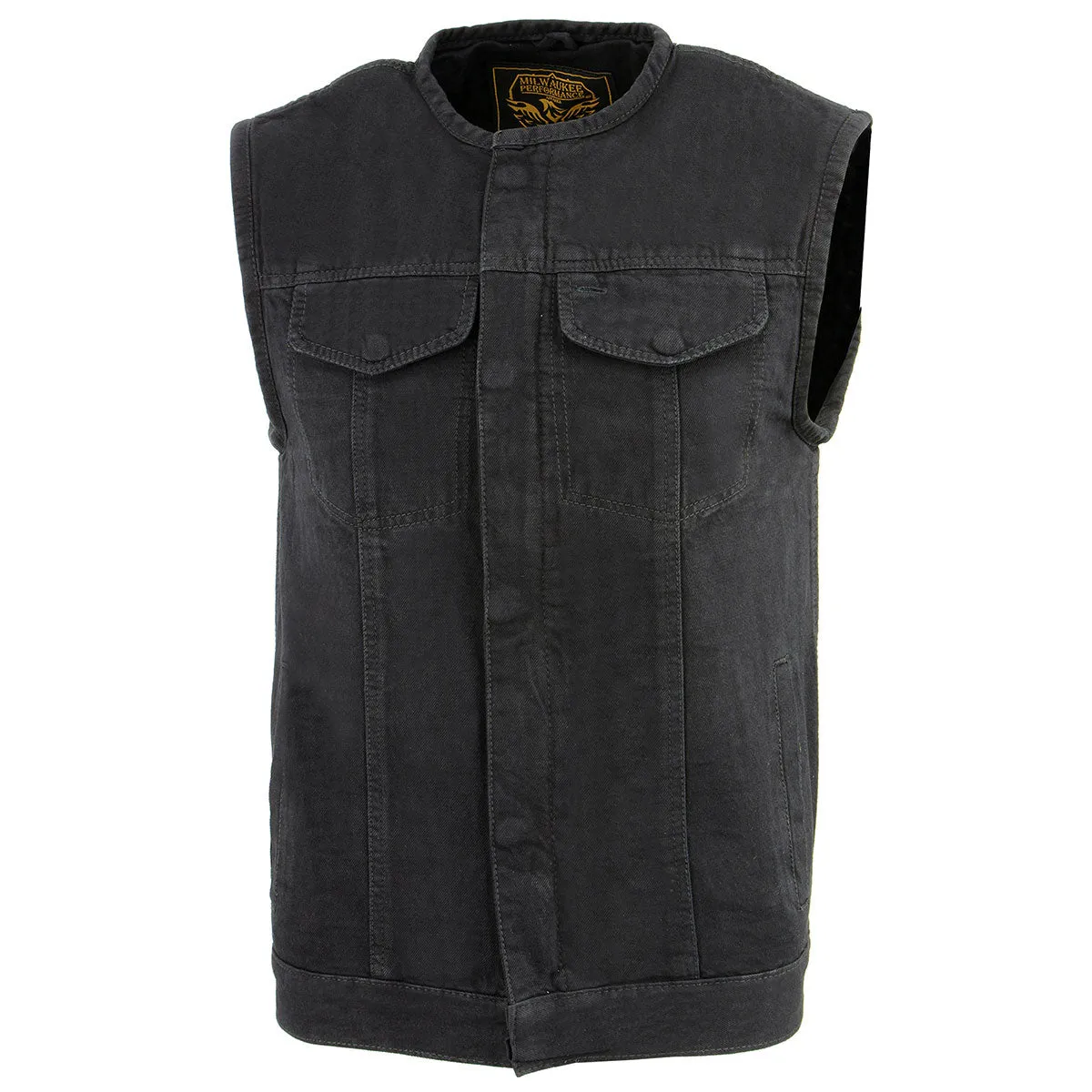 Milwaukee Leather MDM3001 Men's Collarless Black Denim Club Style Vest with Dual Closure