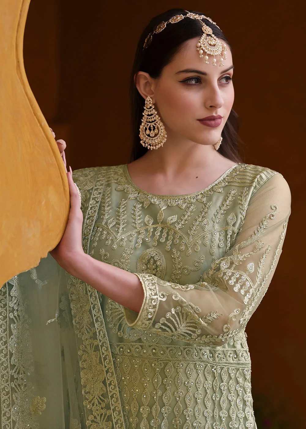 Pista Green Pure Butterfly Net Wedding Wear Anarkali Suit